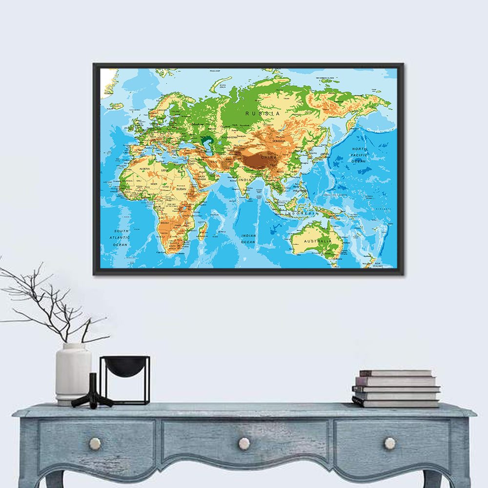 Physical World Map Wall Art in a room, landscape