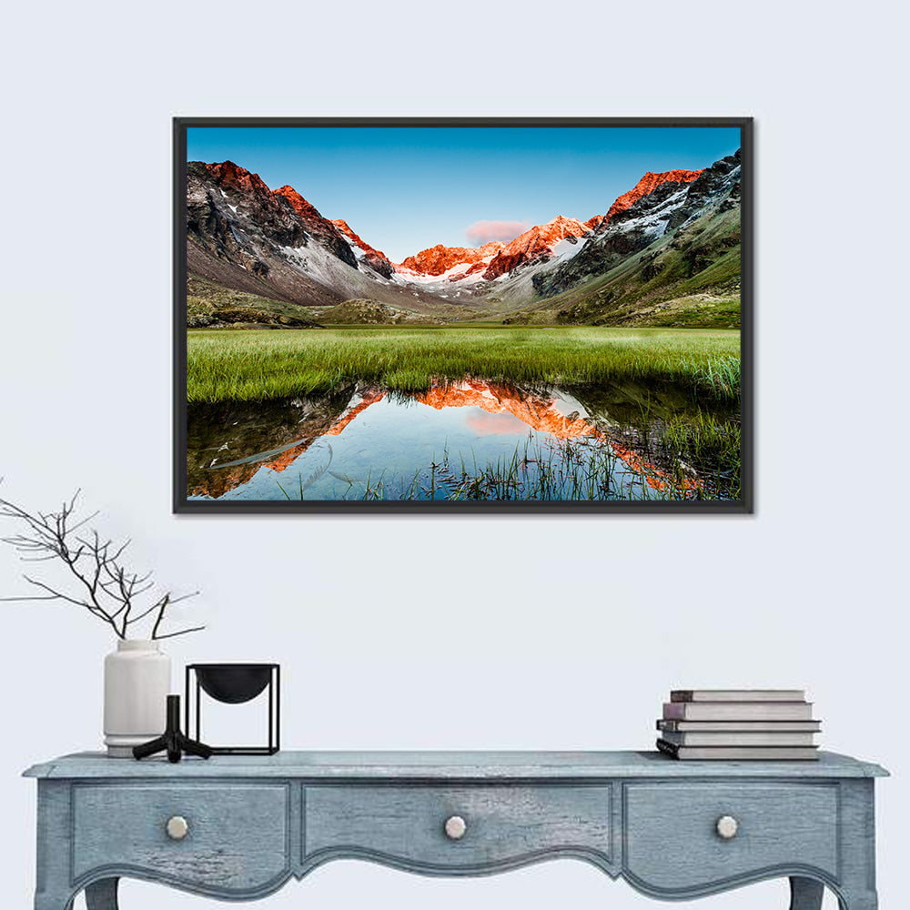 Austrian Peaks Mirrored in Lake Wall Art in a room, landscape