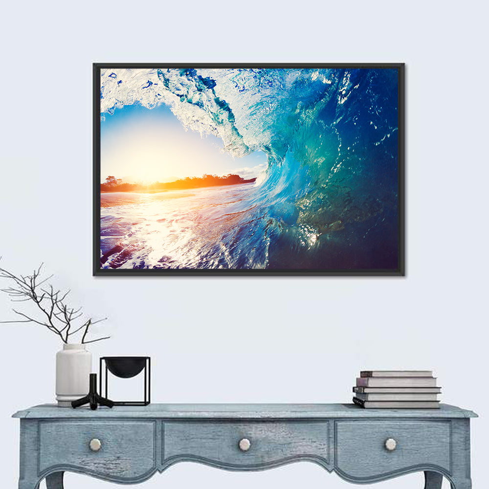 Blue Wave Tunnel at Sunrise Wall Art in a room, landscape