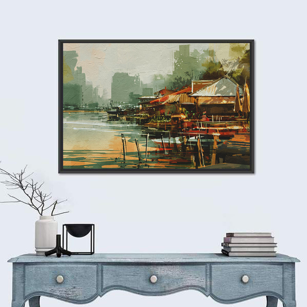 Old Fishing Village Watercolor Wall Art in a room, landscape