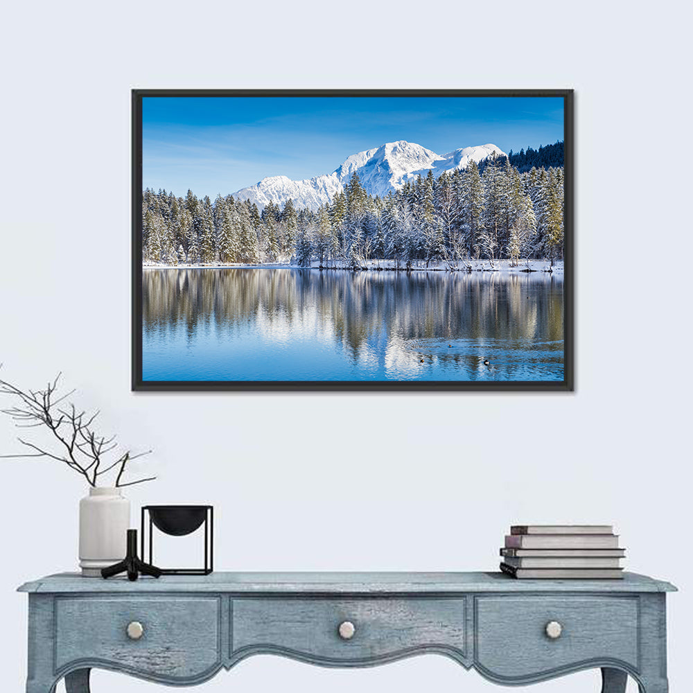Snow Covered Alpine Lake Reflection Wall Art in a room, landscape