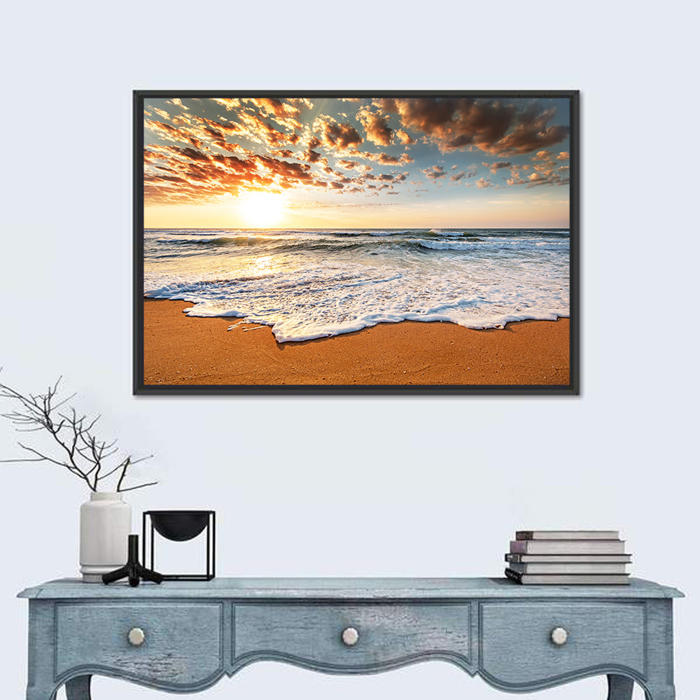 Foamy Shoreline at Sunrise Wall Art in a room, landscape