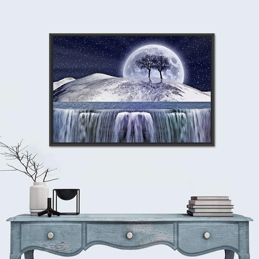 Moonlit Snowy Mountain Waterfall Wall Art