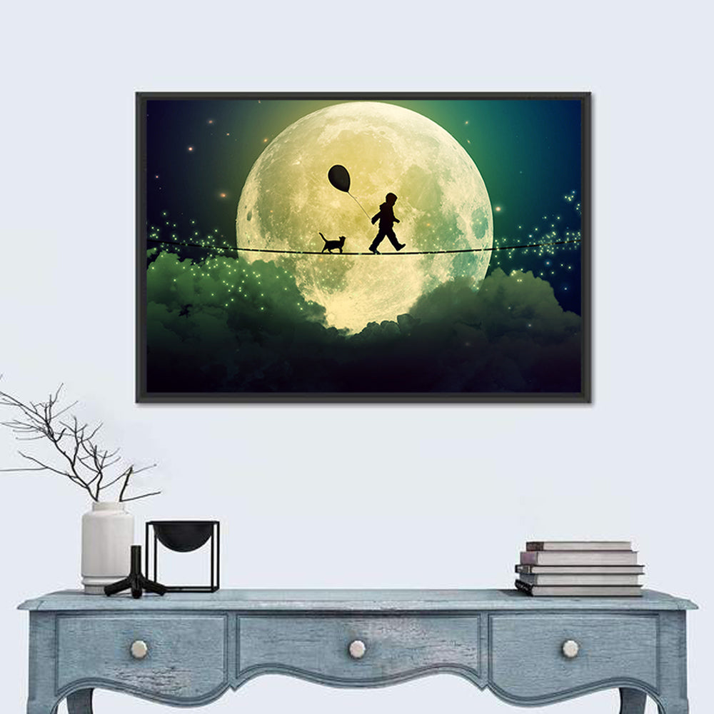 Happy Boy and Cat Under Moonlight Wall Art in a room, landscape