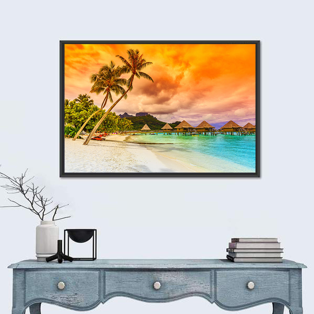Bora Bora Overwater Bungalows at Sunset Wall Art in a room, landscape