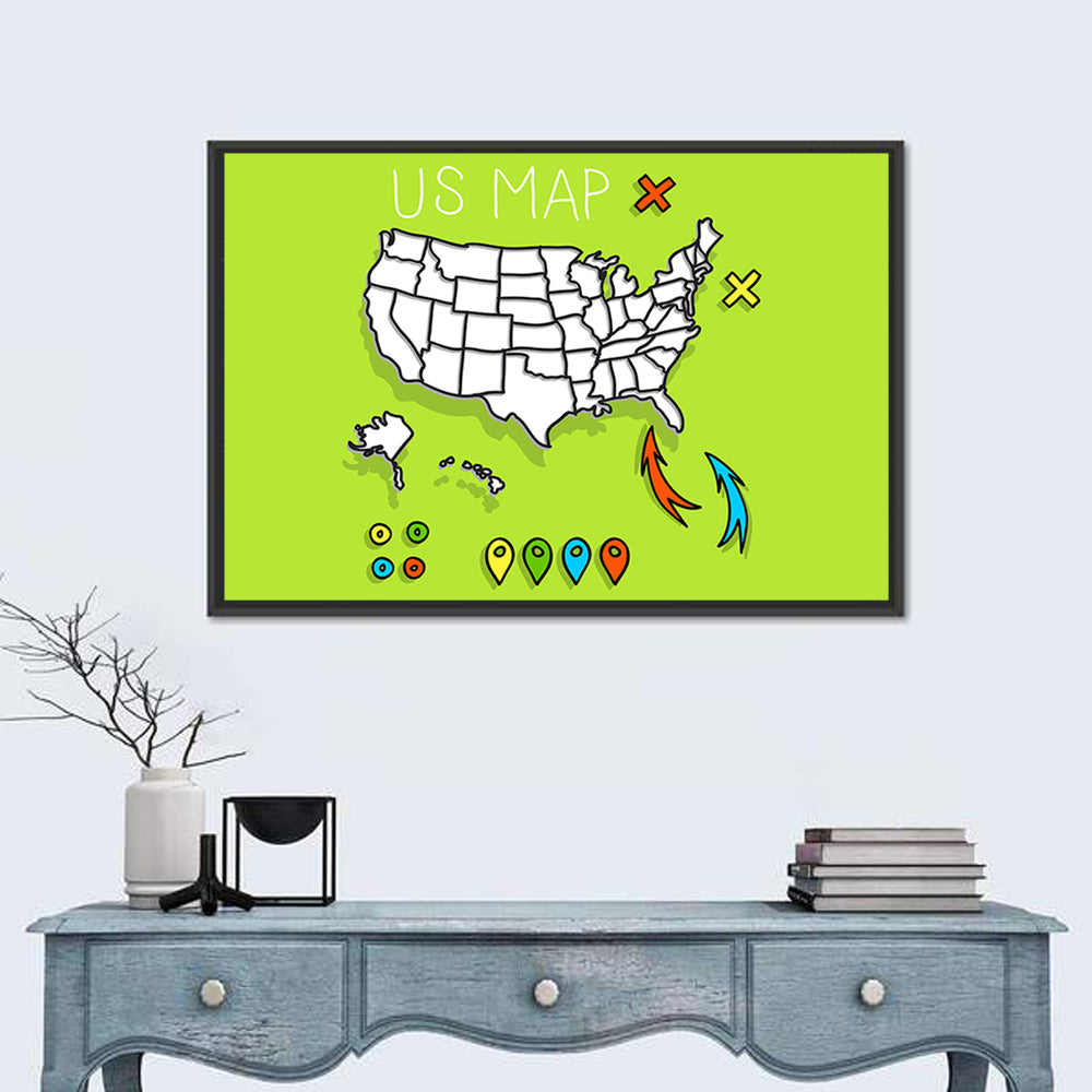Hand Drawn US Map Wall Art in a room, landscape