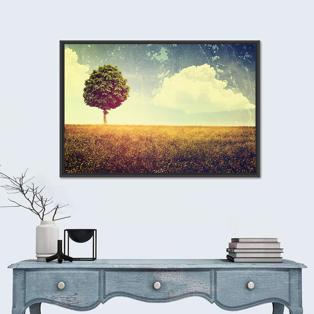 Vintage Field with Lone Tree Wall Art in a room, landscape
