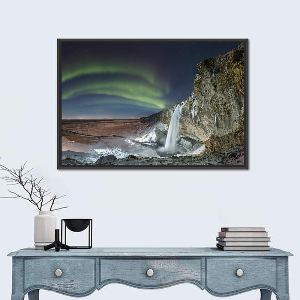 Seljalandsfoss Waterfall Nightscape Wall Art in a room, landscape