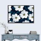 White Flowers on Navy Pattern Wall Art