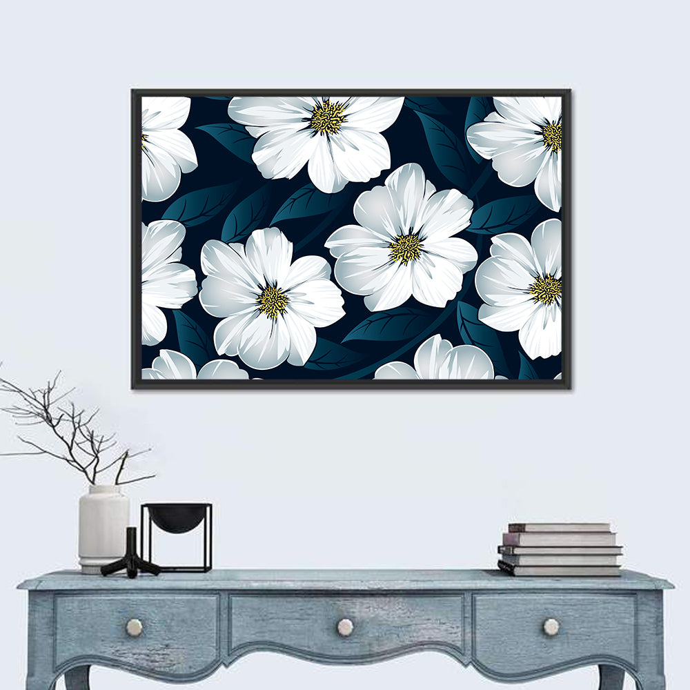 White Flowers on Navy Pattern Wall Art