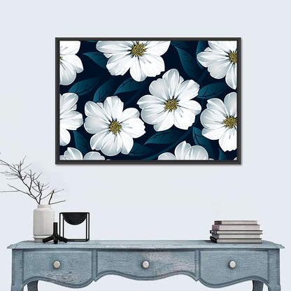 White Flowers on Navy Pattern Wall Art