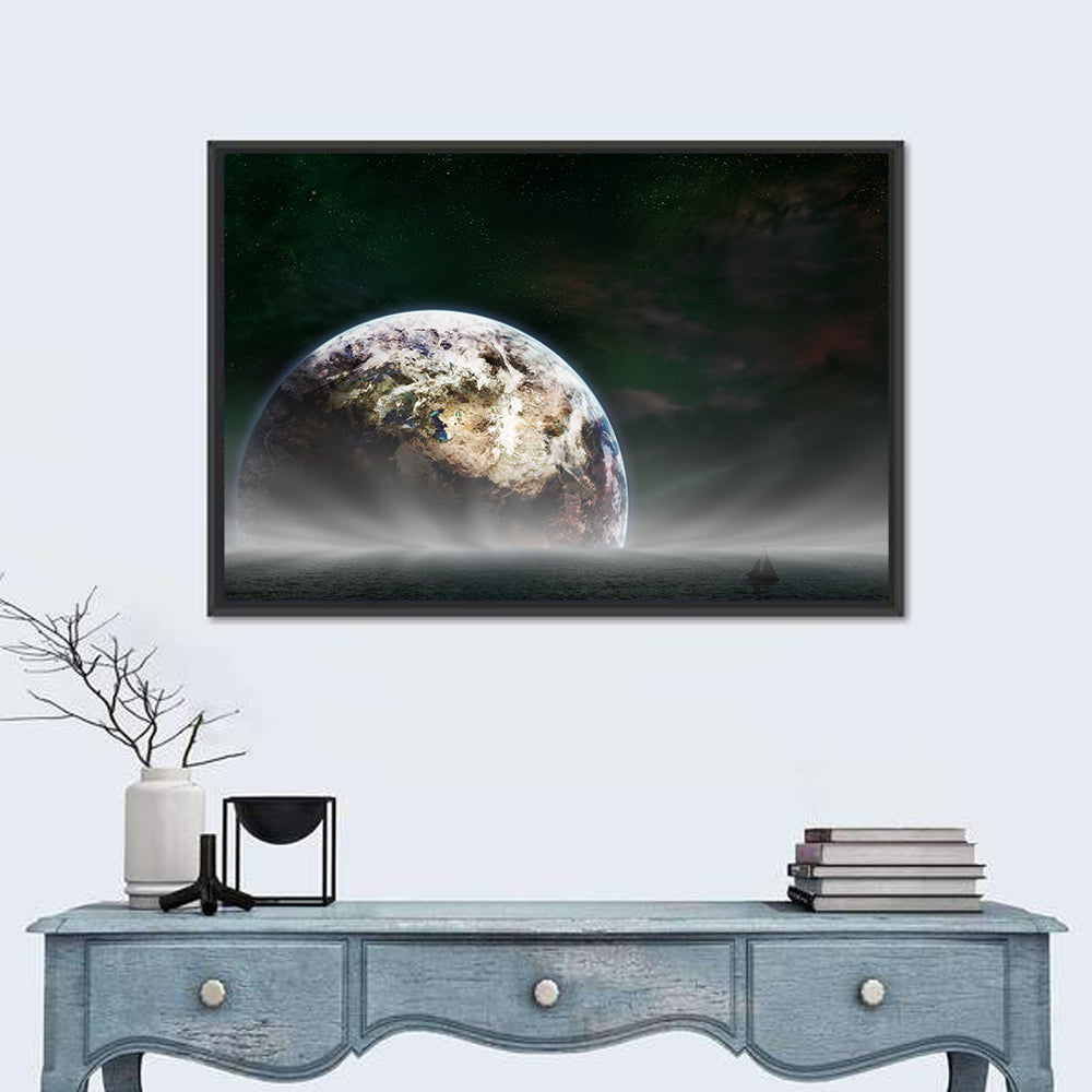 Earth Rising Over Ocean Wall Art in a room, landscape