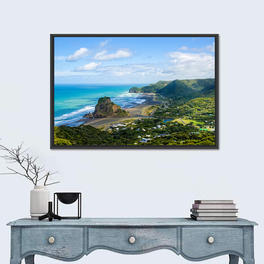 Lion Rock at Piha Beach Wall Art in a room, landscape