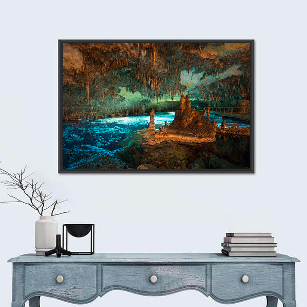 Dragon Caves Blue Lake, Majorca Wall Art in a room, landscape