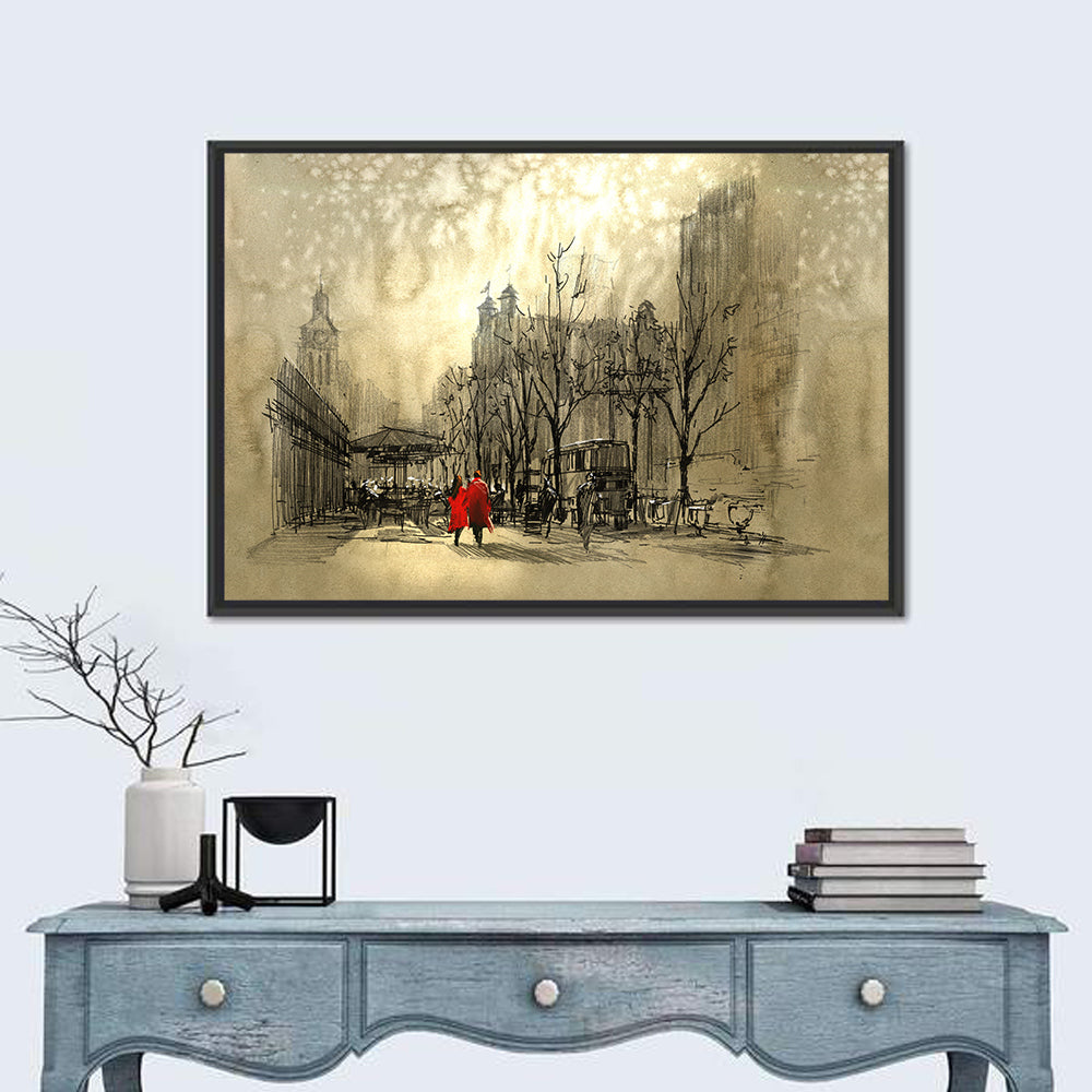 Couple in Red Coats on City Street Wall Art