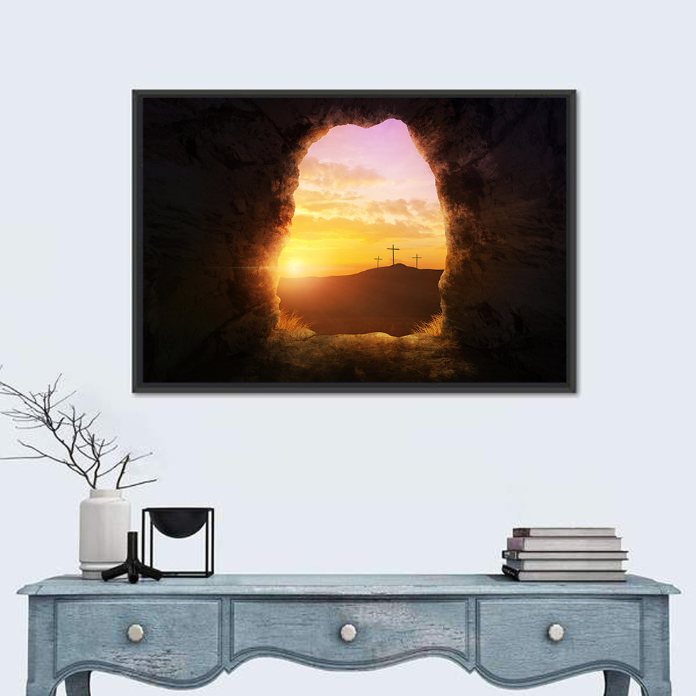 Empty Tomb with Three Crosses Wall Art in a room, landscape