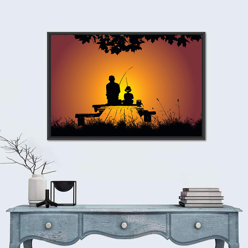 Dockside Sunset Fishing Silhouette Wall Art in a room, landscape