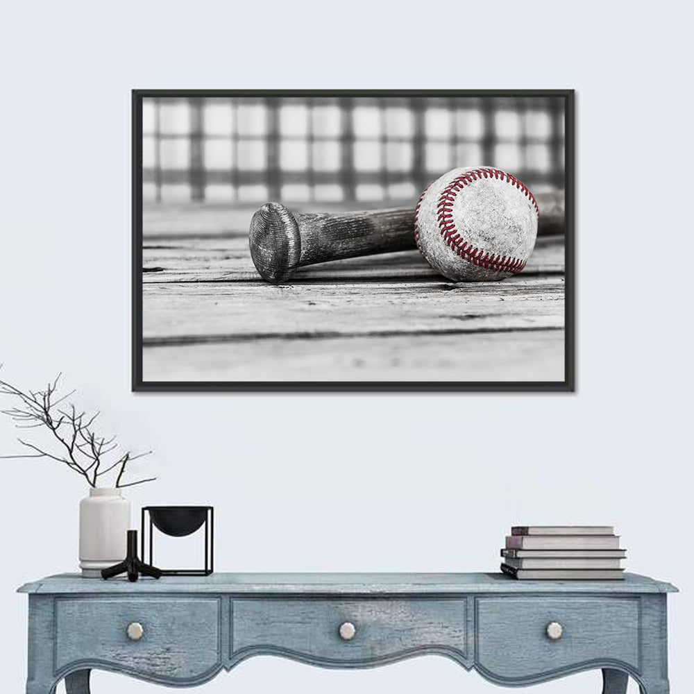 Worn Baseball and Bat on Wood Wall Art in a room, landscape