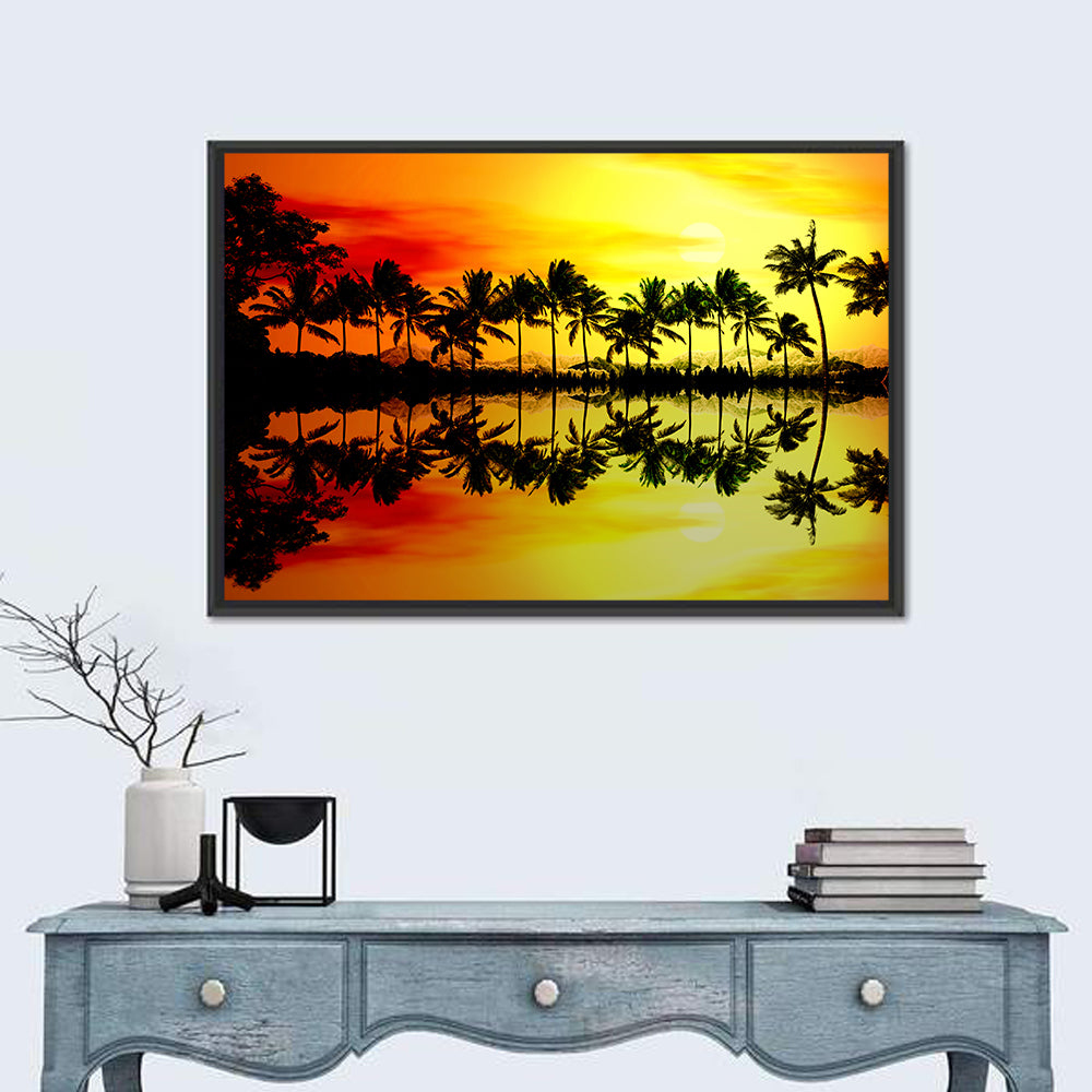 Tropical Palm Beach Sunset Wall Art in a room, landscape