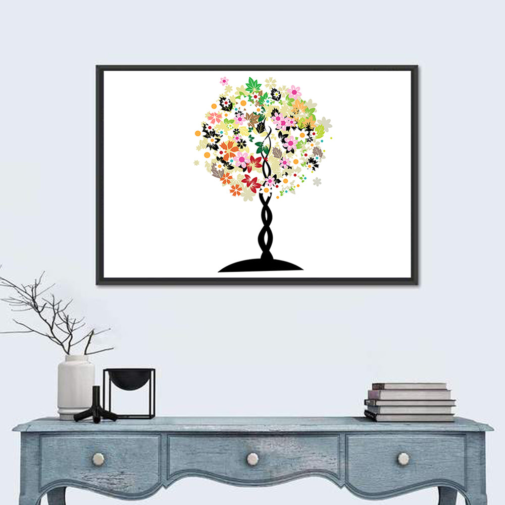 Braided Trunk Floral Tree Illustration Wall Art in a room, landscape