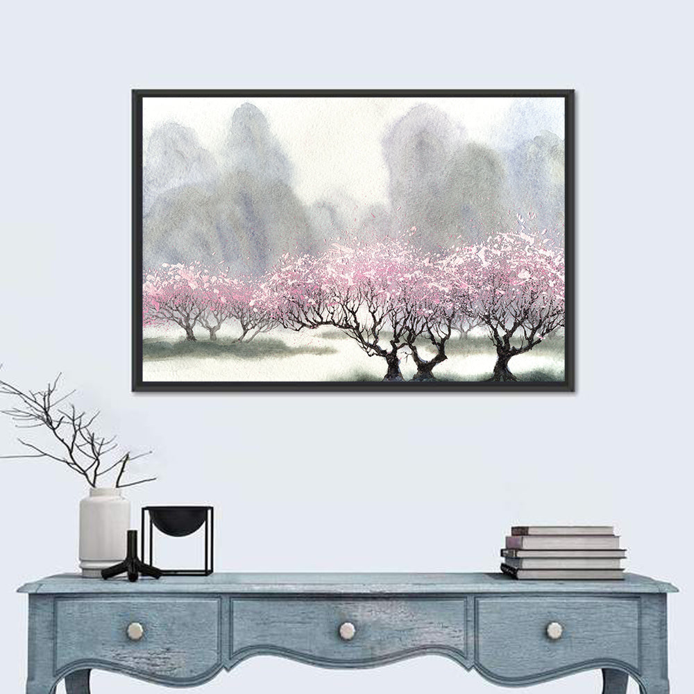 Cherry Blossom Orchard by the River Wall Art in a room, landscape
