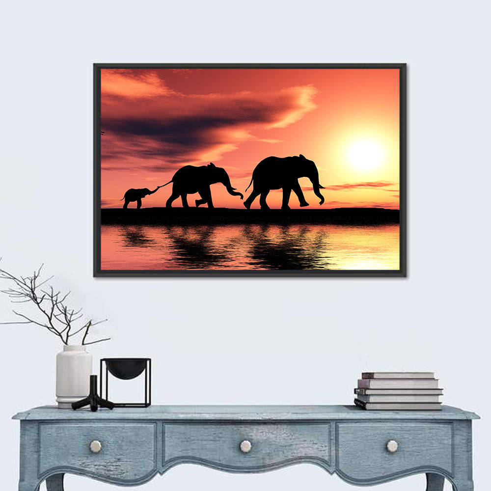 Marching Elephants at Sunset Wall Art in a room, landscape