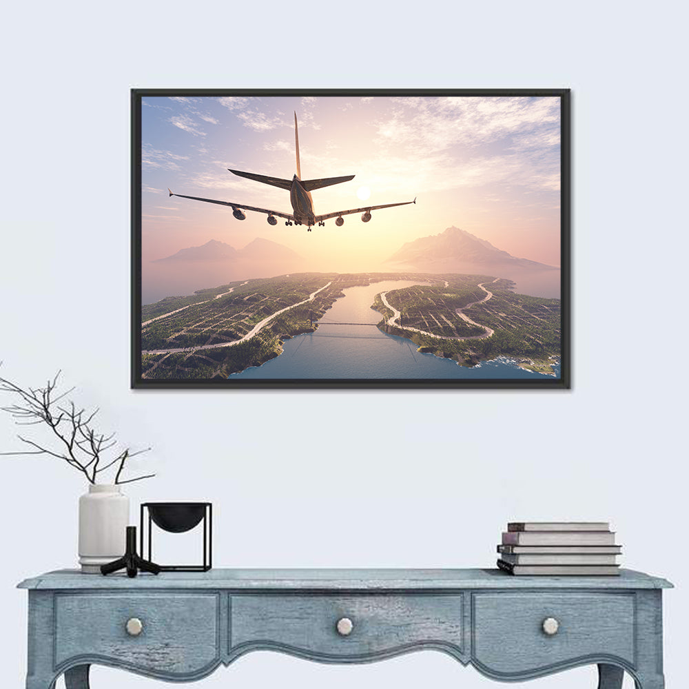 Airplane Over Island at Sunset Wall Art in a room, landscape