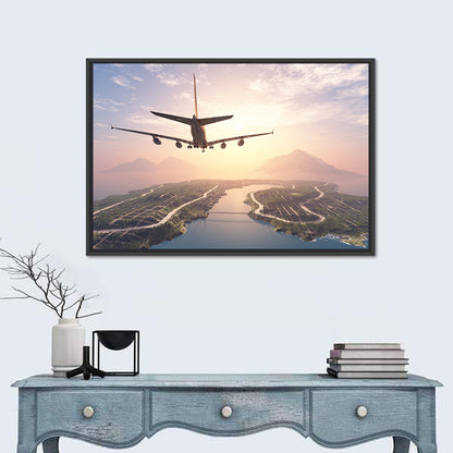 Airplane Over Island at Sunset Wall Art