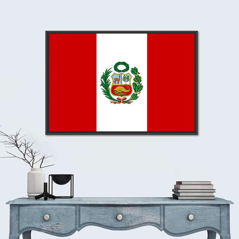 Peruvian Flag with Coat of Arms Wall Art in a room, landscape