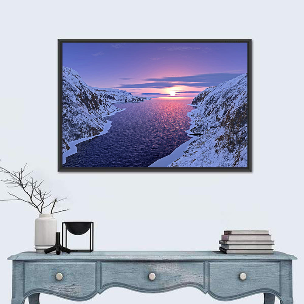Snow-capped Mountain Fjord Sunset Wall Art in a room, landscape