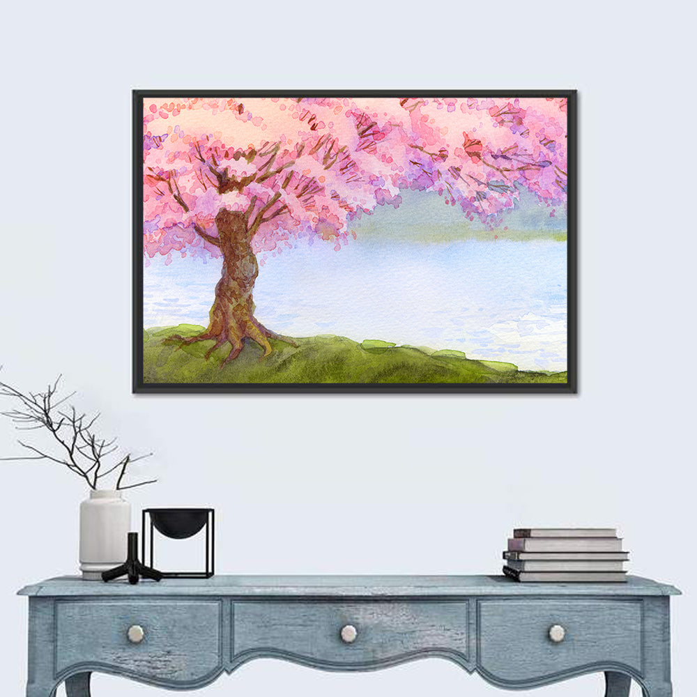 Flowering Pink Tree Wall Art in a room, landscape