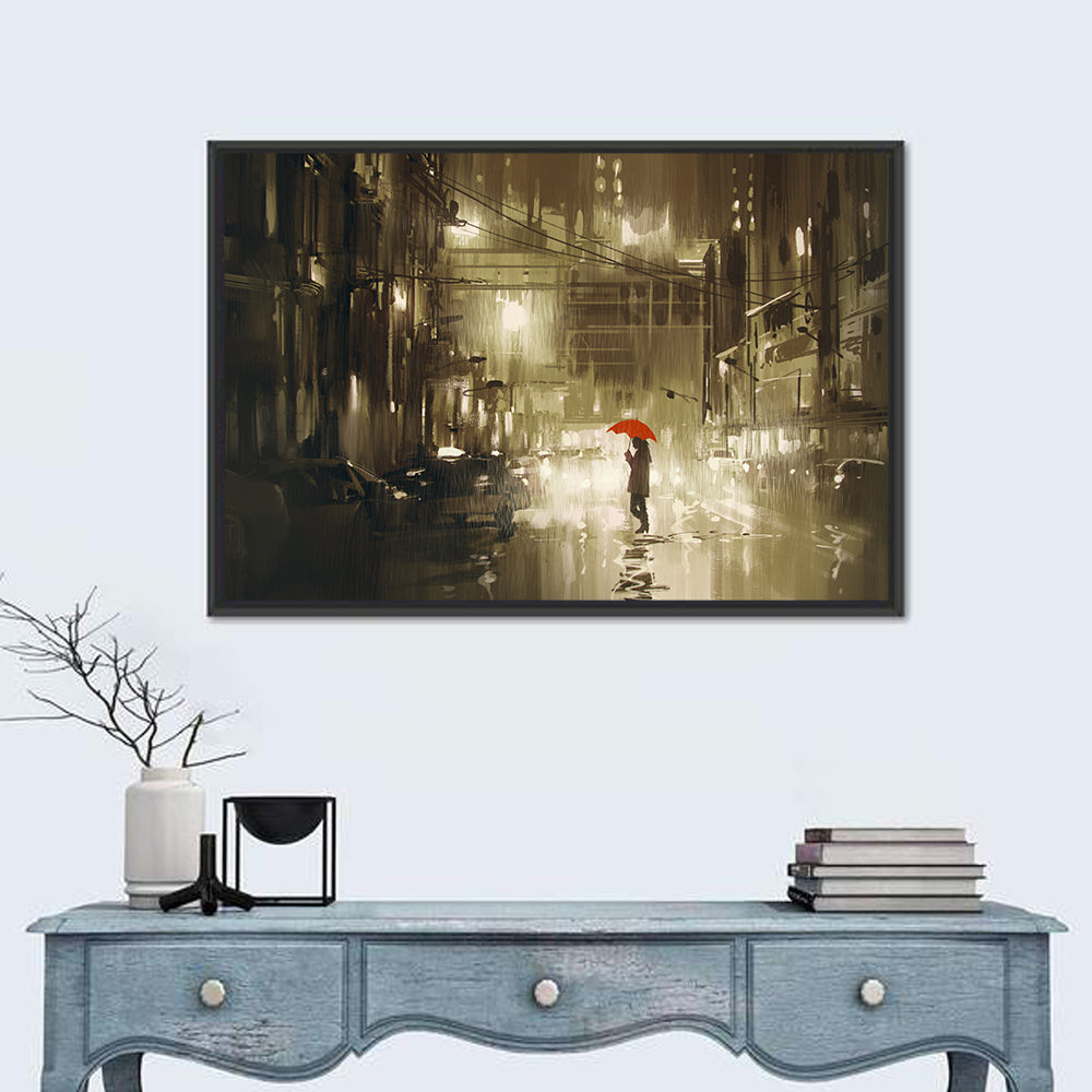 Red Umbrella on Rainy City Street Wall Art in a room, landscape