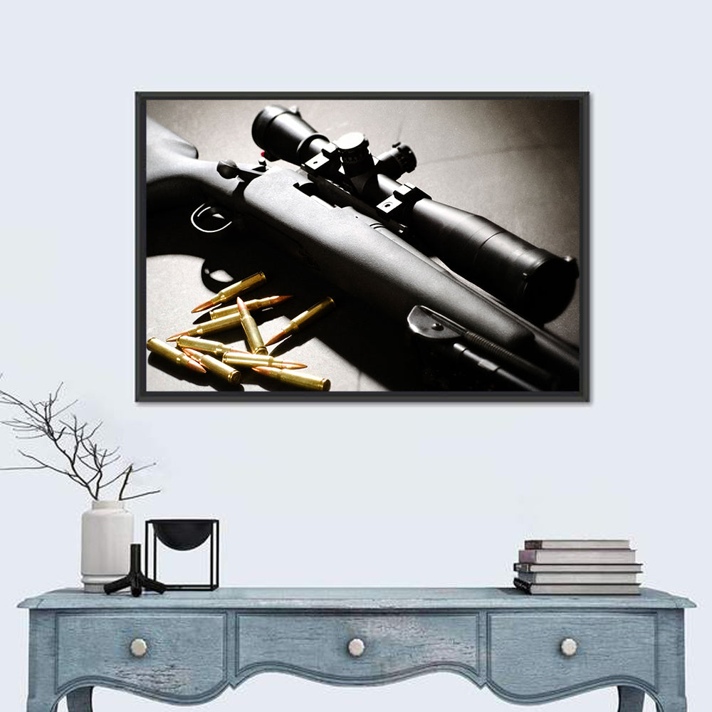Bolt-action Sniper Rifle with Brass Cartridges Wall Art in a room, landscape
