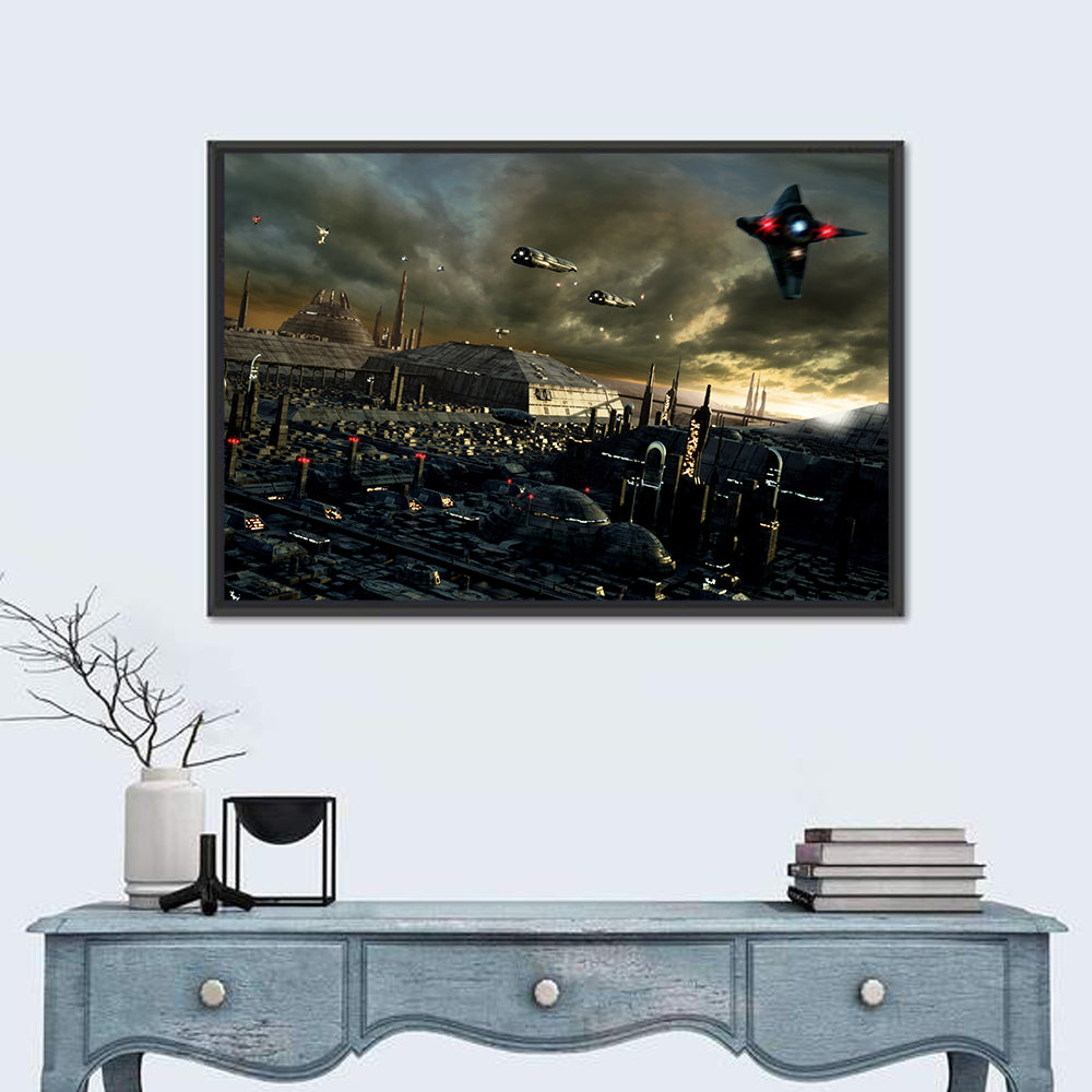 Futuristic City Skyline Wall Art in a room, landscape