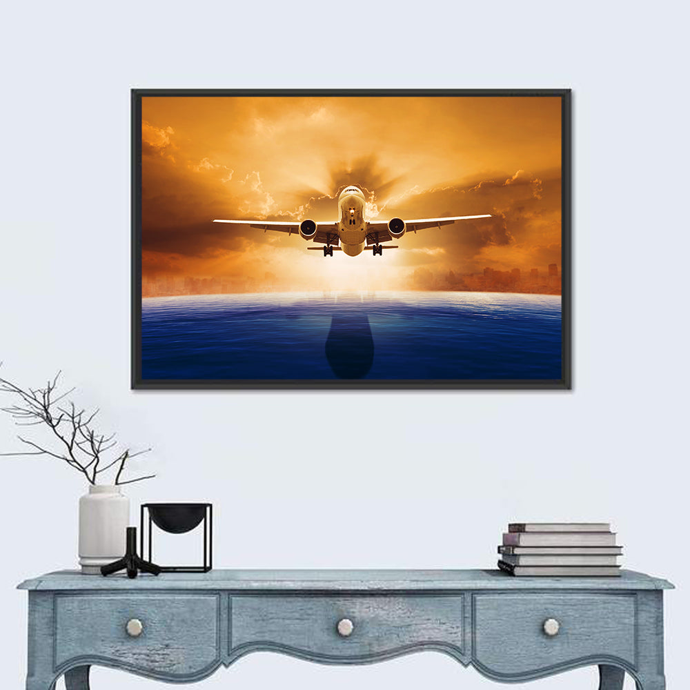 Landing Jet Over Ocean at Sunset Wall Art in a room, landscape
