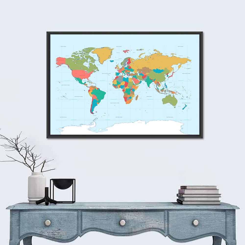 Colorful World Map with Grid Wall Art in a room, landscape
