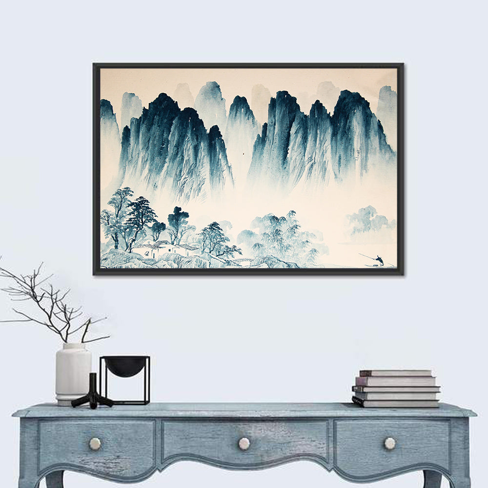 Misty Chinese Ink Wash Landscape Wall Art in a room, landscape
