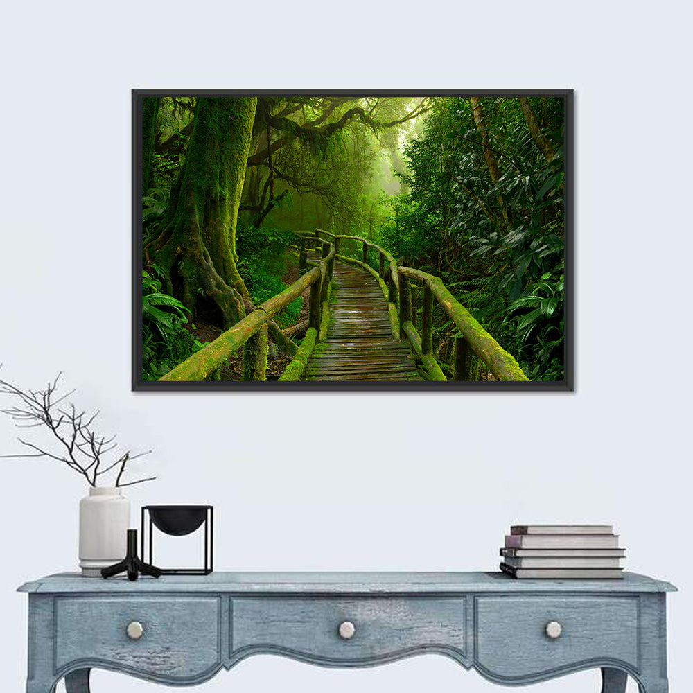 Misty Nepal Jungle Boardwalk Wall Art in a room, landscape
