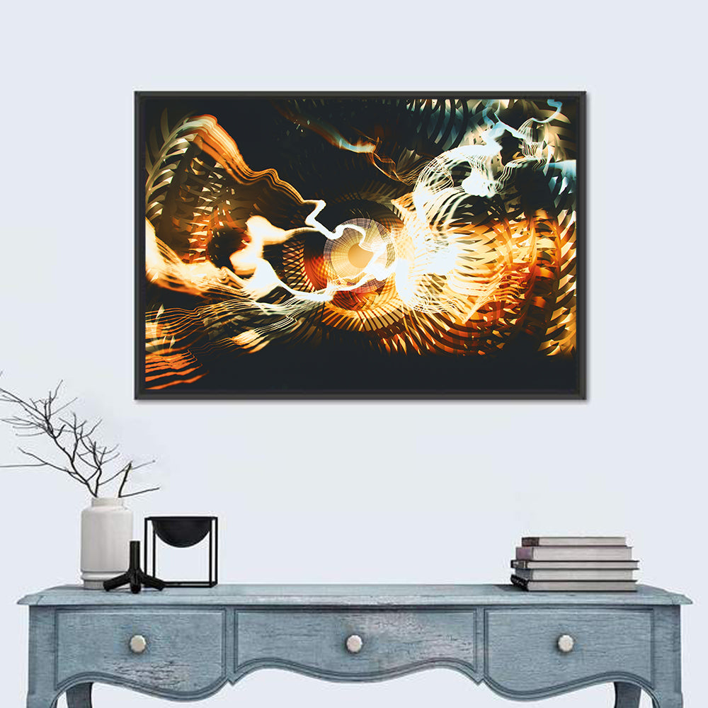 Golden Fractal Vortex Wall Art in a room, landscape