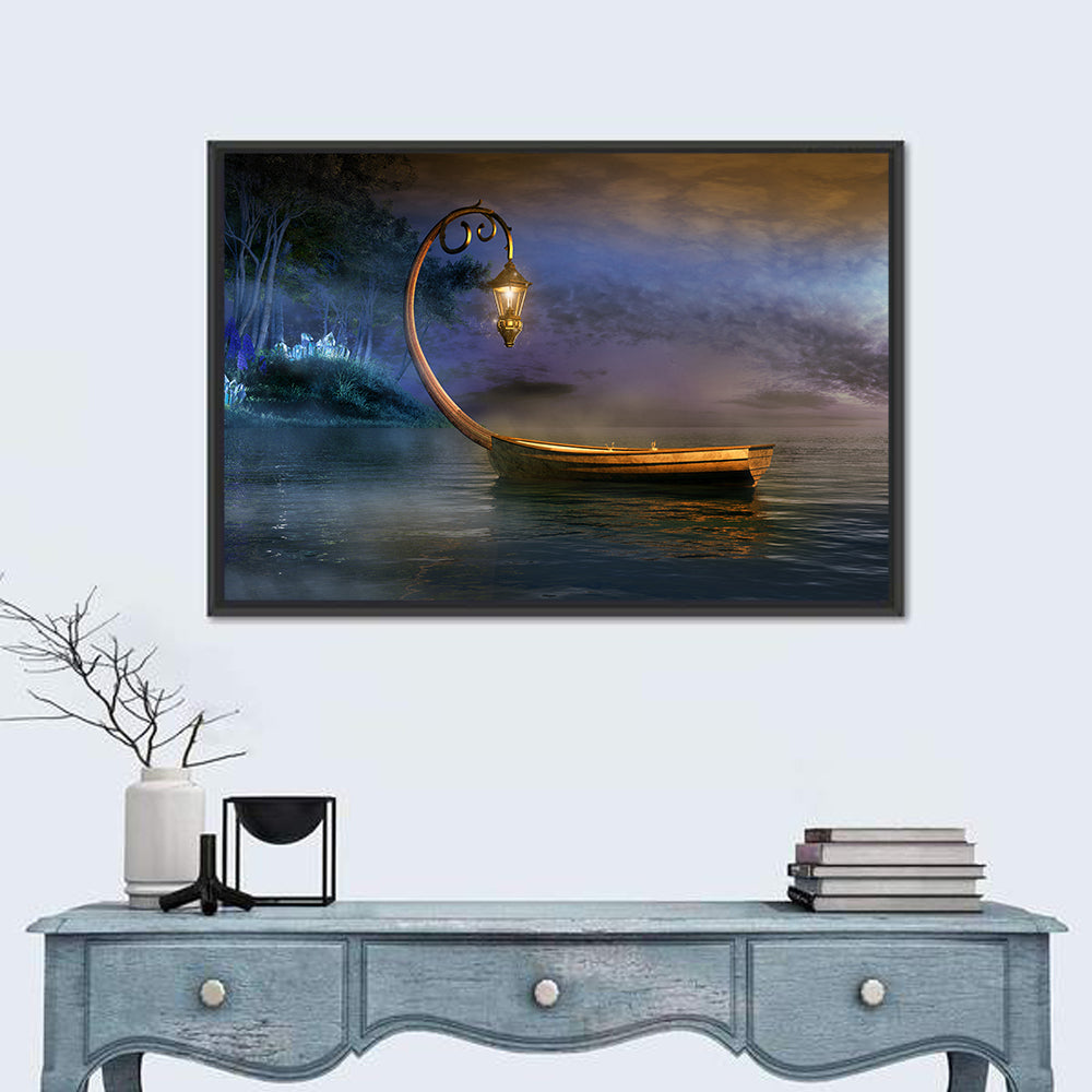 Lantern Boat on a Misty Lake Wall Art