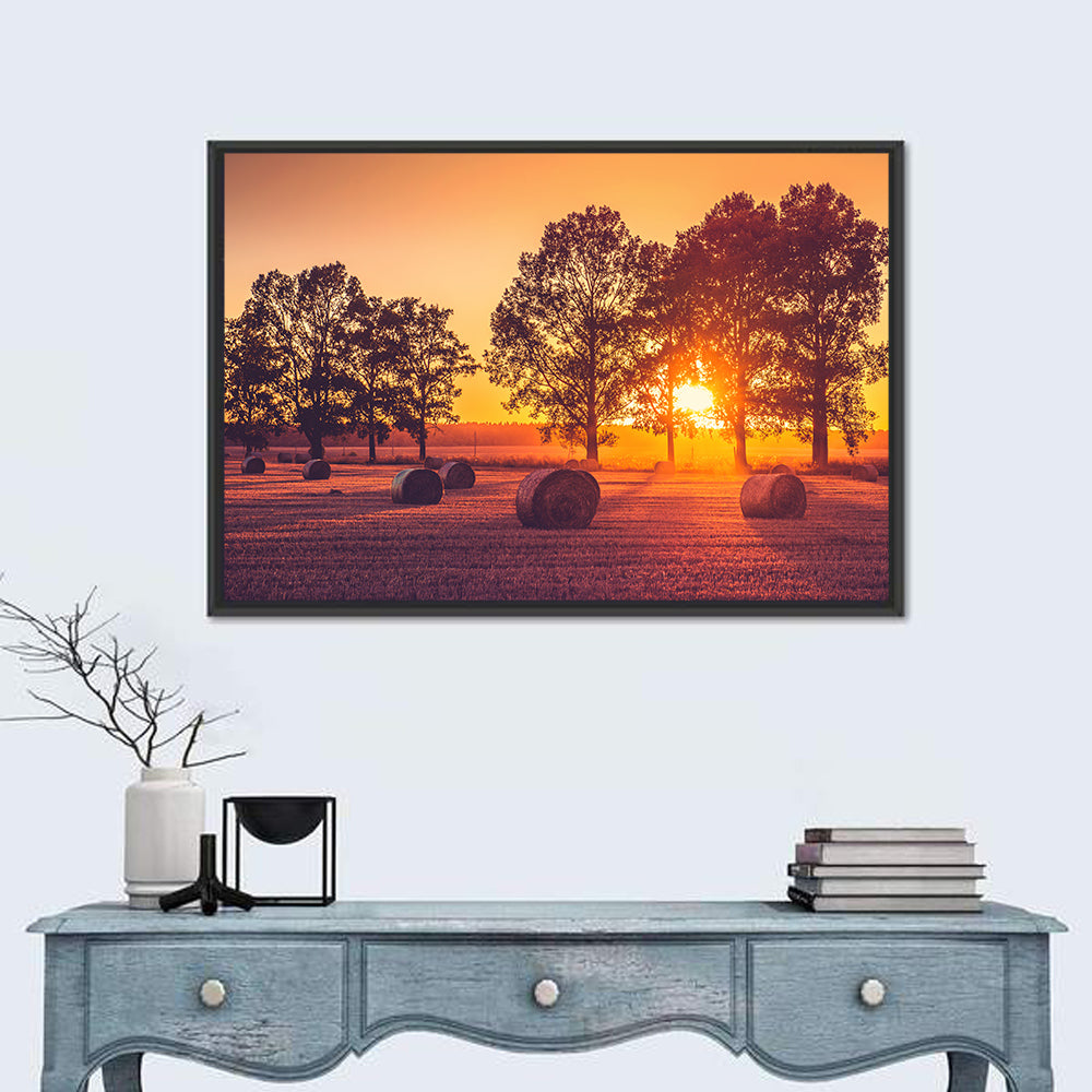Sunset Over Hay Bales Wall Art in a room, landscape