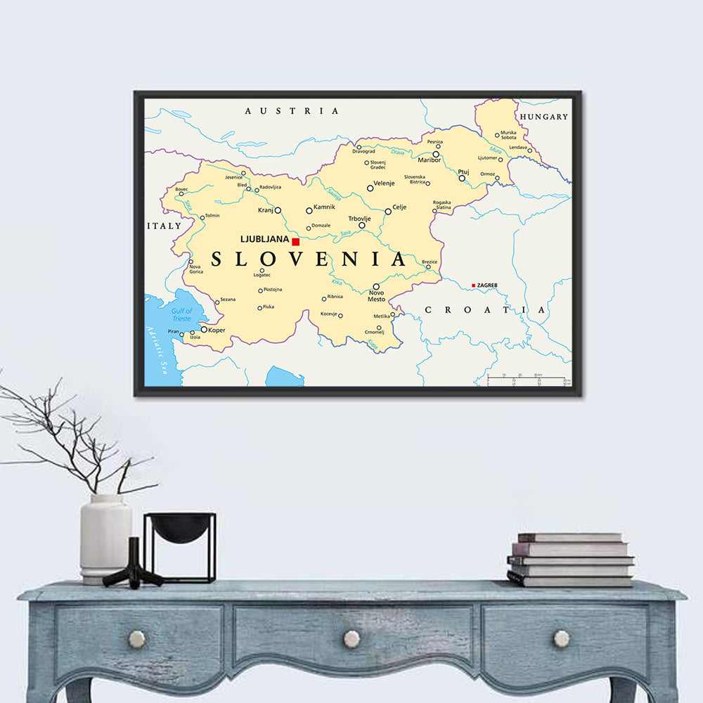 Slovenia Political Map Wall Art in a room, landscape