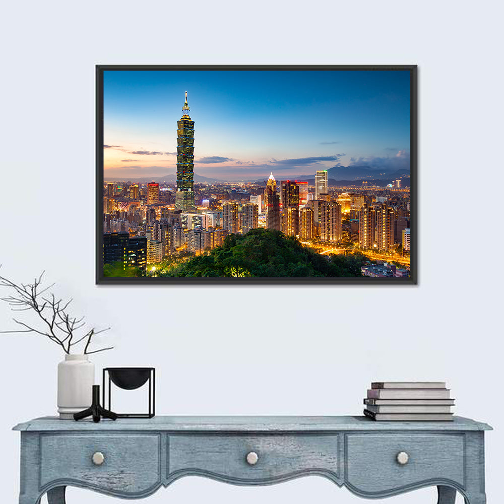 Taipei Skyline at Dusk Wall Art in a room, landscape