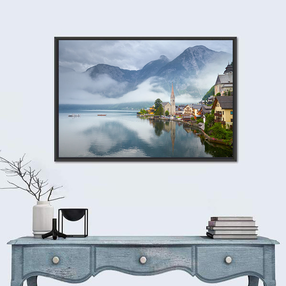 Hallstatt Lakeside Village Reflection Wall Art in a room, landscape