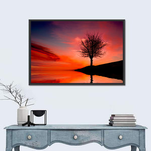 Leafless Tree Near Lake Sunset Wall Art