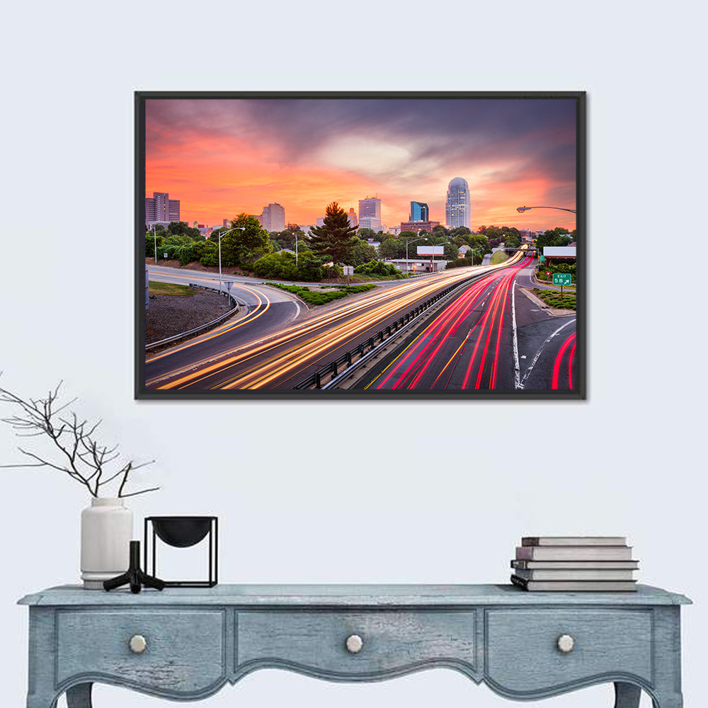 Winston-salem Dusk Skyline with Light Trails Wall Art