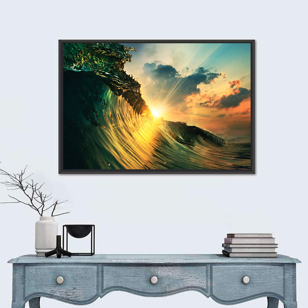 Sunset Through a Curling Wave Wall Art in a room, landscape