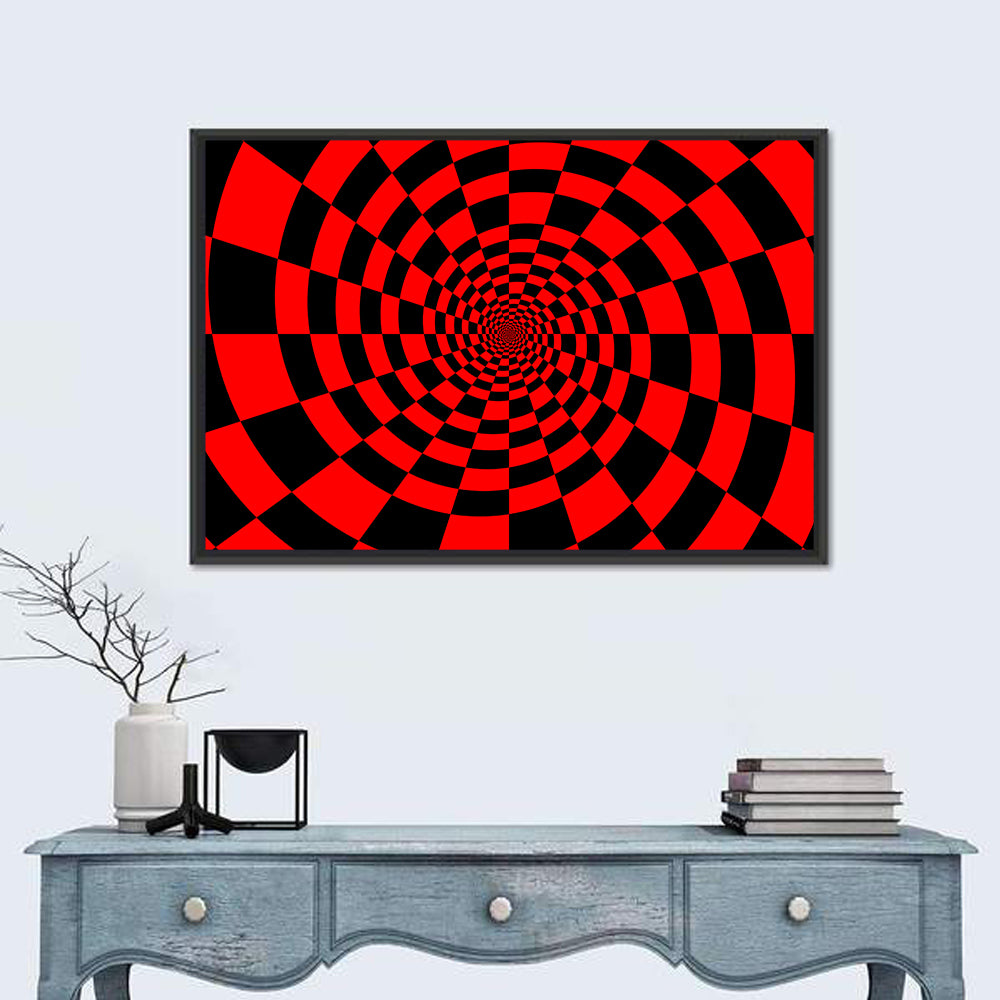 Red and Black Spiral Checkerboard Wall Art in a room, landscape