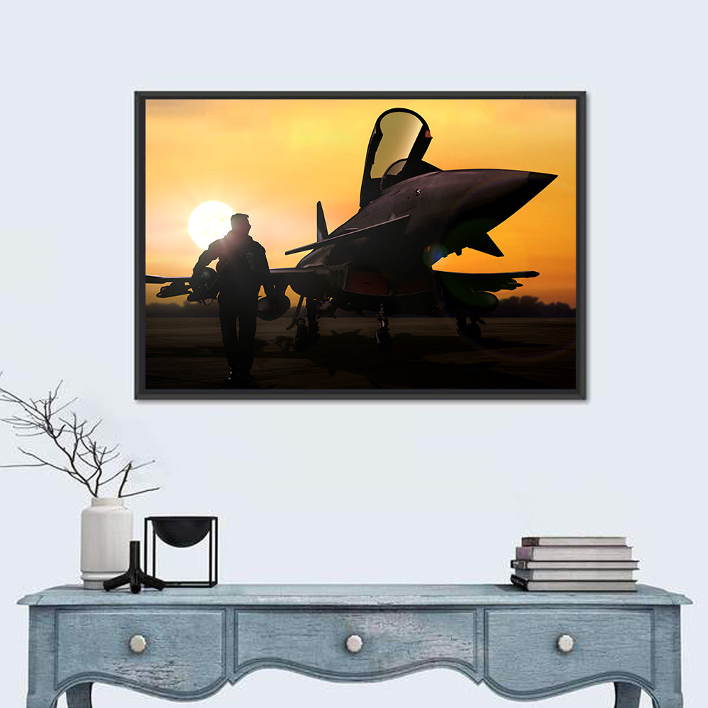 Pilot and Fighter Jet at Sunset Wall Art