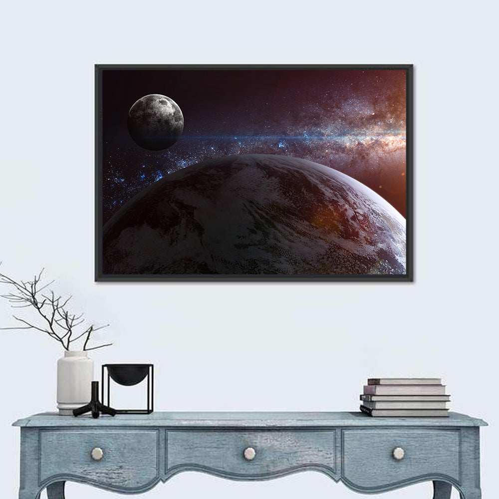 Earth and Moon Over Nebula Wall Art in a room, landscape